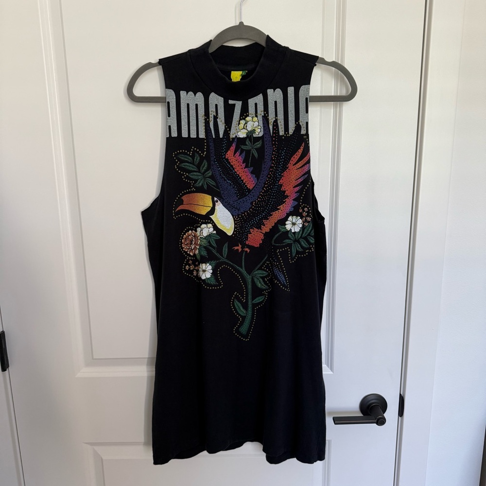 FARM Rio Black Mini Dress with Multicolor Toucan Graphic